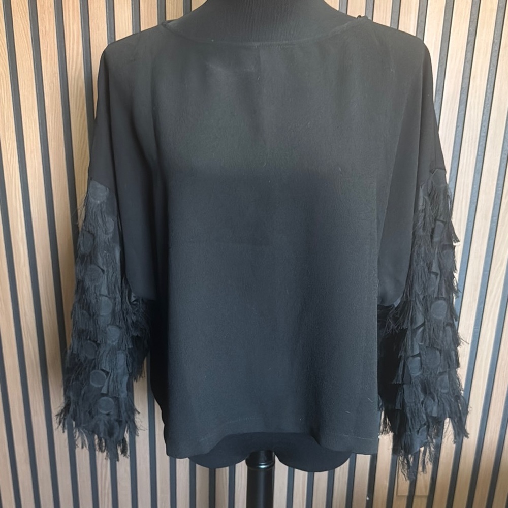 H&M Black Blouse with Textured Sleeves